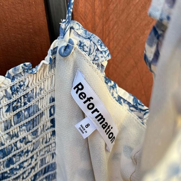 New Reformation Marin Floral Mini Dress in Blue and White Pompadour - Picture 8 of 10